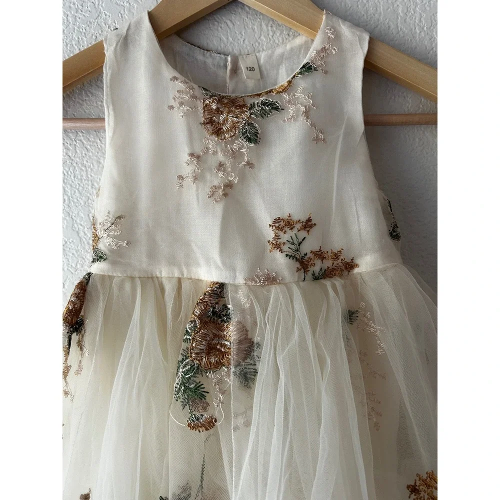 Girls Embroidered Tulle Dress 5T | Ivory Floral Mesh Party Flower Girl Dress